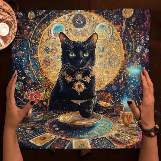 Colorful Mandala Black Cat Tarot Tablecloth – Witchcraft Altar Cloth for Tarot, Moon Magic & Home Deco